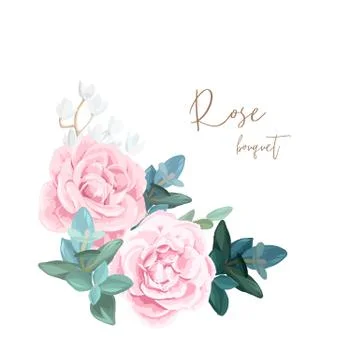 Decorative corner composition of pale roses, white spring flowers, eucalyptus Stock Illustration