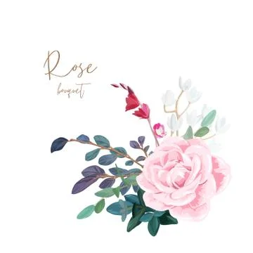 Decorative corner composition of pale roses, white spring flowers, eucalyptus Stock Illustration
