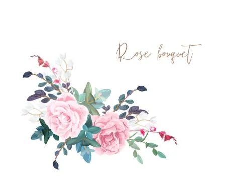 Decorative corner composition of pale roses, white spring flowers, eucalyptus Stock Illustration