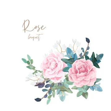 Decorative corner composition of pale roses, white spring flowers, eucalyptus Illustration