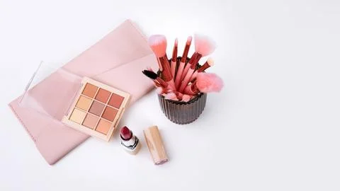 Decorative cosmetics on dressing table in makeup room Stock Photos