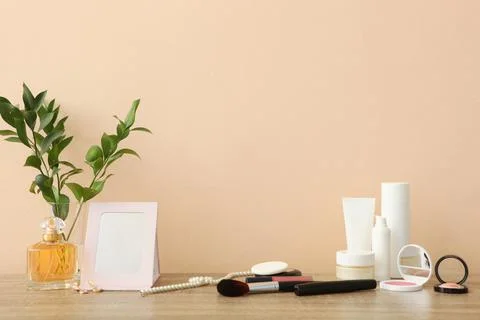 Decorative cosmetics for makeup on a dressing table close-up. Stock-Fotos