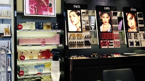 Decorative cosmetics samples and testers. Women makeup cosmetic products and  Video stock 152312762