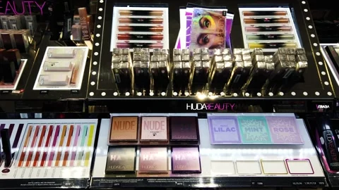 Decorative cosmetics samples and testers. Women makeup cosmetic products and  Video stock 152312795