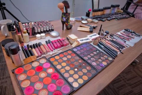 Decorative cosmetics samples and testers , Shop makeup products, cosmetic and Stock Photos