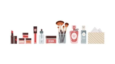 Decorative cosmetics set with makeup items on white background.Flat illustration Stock Illustration