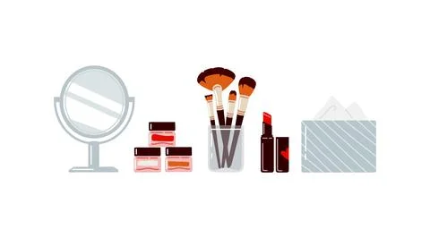 Decorative cosmetics set with makeup items and mirror.Flat illustration Stock Illustration