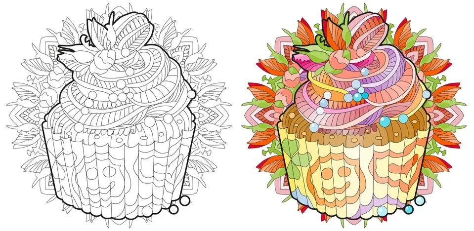 Decorative cupcake pattern on a patterned mandala. Color and outline set Иллюстрация