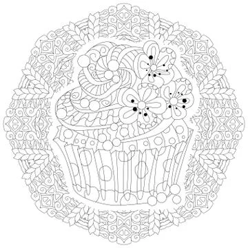 Decorative cupcake pattern on a patterned round substrate Illustrazione stock