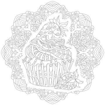 Decorative cupcake pattern on a patterned round substrate Stock Illustration