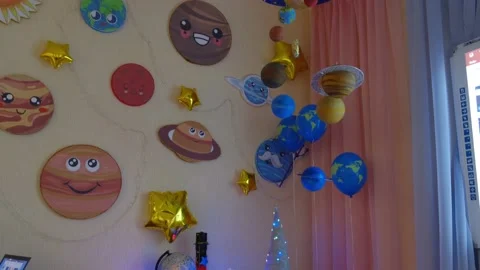 Decorative decoration - planets of the solar system on the wall in the room. Stock-Footage 194557521