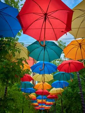 Decorative design of the canopy over the path in the form of opened colorful Stock Photos
