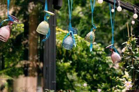 Decorative design elements hanging drink glasses before window background smo Foto stock