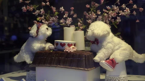 Decorative dog figurines sitting at table in restaurant window display with f Stock-Footage 333873437