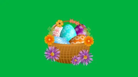 Decorative Easter basket and eggs on green background. Stock Illustration