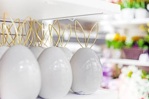 Decorative Easter decorations on a supermarket counter Stock Photos