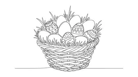 Decorative Easter Egg Basket With Grass Line Art Stock Illustration