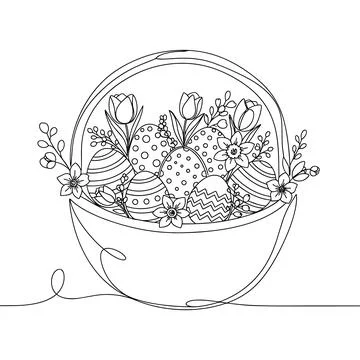 Decorative Easter Egg Basket With Spring Flowers Elegant Line Art Stock Illustration