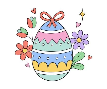 Decorative easter egg with colorful patterns, flowers, and hearts, flat. Stock Illustration