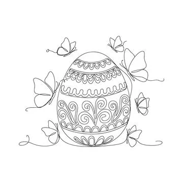 Decorative Easter Egg With Flying Butterflies Elegant Continuous Line Art Stock Illustration