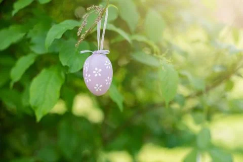 Decorative Easter egg hanging on flowering tree. Easter background. family ce Stock Photos