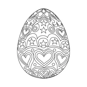 Decorative Easter Egg with Hearts and Stars Pattern Line Art Stock Illustration