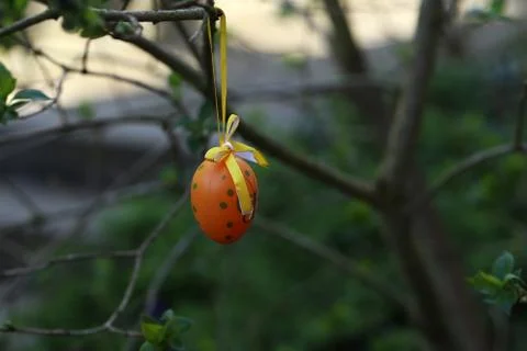Decorative easter egg made of plastic hanging on a tree Stock Photos