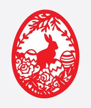 Decorative Easter Egg with Rabbit Silhouette and Ornamental Flowers - Red Vector 库存插图