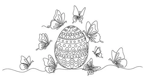 Decorative Easter Egg Surrounded By Butterflies Minimal Line Art Stock Illustration
