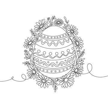 Decorative Easter Egg Surrounded by Spring Flowers Elegant Line Art Illustrazione stock
