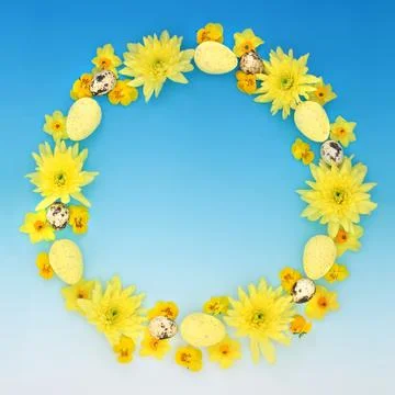 Decorative Easter Egg Wreath with Flowers and Eggs Stock Photos