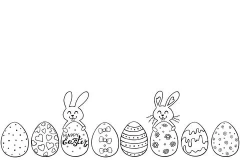 Decorative Easter eggs and cute rabbits. Template, bottom edging, border, dec Stock Illustration
