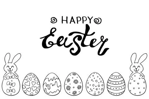 Decorative Easter eggs and cute rabbits with lettering. Template, title, bott Stock Illustration