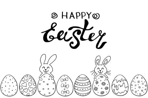 Decorative Easter eggs and cute rabbits with lettering. Template, title, bott Stock Illustration