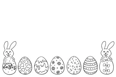 Decorative Easter eggs and cute rabbits. Template, bottom edging, border, dec Stock Illustration