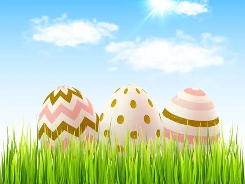 Decorative Easter Eggs and Green Grass Stock Illustration
