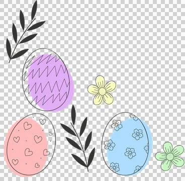 Decorative Easter eggs and plant motifs are floating in minimal hand-drawn art, Stock Illustration