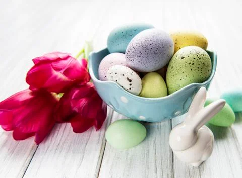 Decorative Easter eggs and tulips Stock Photos