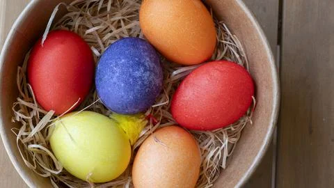 Decorative Easter eggs as background. Space for text Foto stock