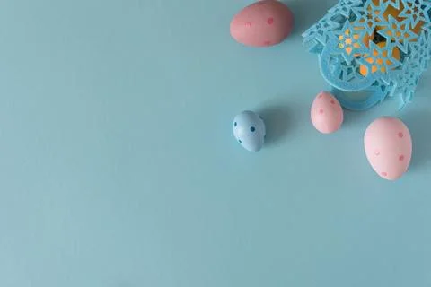 Decorative Easter Eggs with Basket. Festive Spring Arrangement Stock Photos