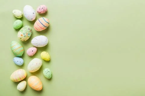 Decorative easter eggs on colored background. easter eggs collection top vi.. Stock Photos