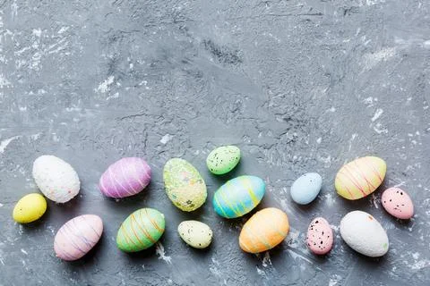 Decorative easter eggs on colored background. easter eggs collection top vi.. Stock Photos