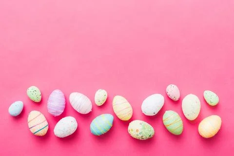 Decorative easter eggs on colored background. easter eggs collection top view Stock Photos