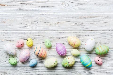 Decorative easter eggs on colored background. easter eggs collection top vi.. Stock Photos