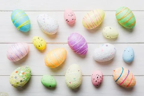 Decorative easter eggs on colored background. easter eggs collection top vi.. Stock Photos