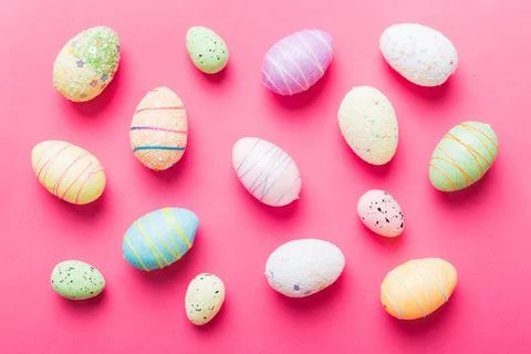 Decorative easter eggs on colored background. easter eggs collection top view Stock Photos