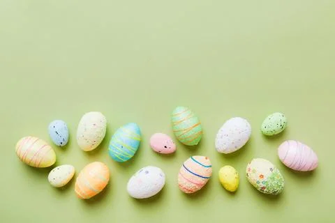 Decorative easter eggs on colored background. easter eggs collection top vi.. Stock Photos