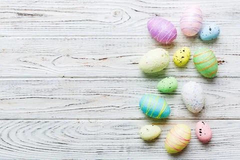 Decorative easter eggs on colored background. easter eggs collection top view Stock Photos