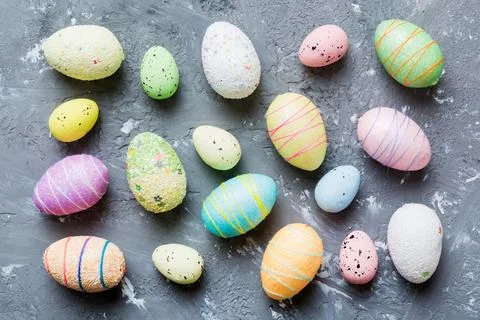 Decorative easter eggs on colored background. easter eggs collection top vi.. Stock Photos
