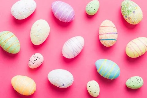 Decorative easter eggs on colored background. easter eggs collection top view Stock Photos